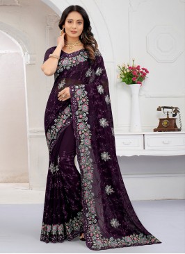 Nice Georgette Mirror Wine Designer Contemporary Saree