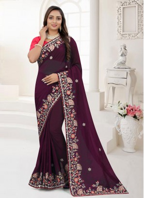 Nice Organza Wine Contemporary Saree