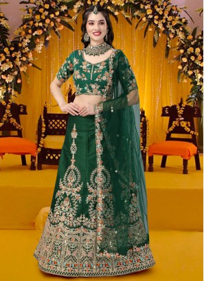 Nice Sequins Satin Silk Green Lehenga Choli