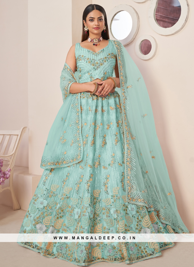 Nice Turquoise Zari Lehenga Choli