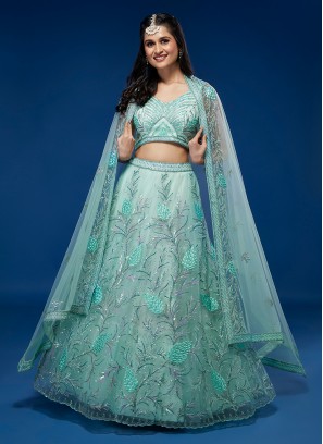 Noble Net Aqua Blue Embroidered A Line Lehenga Choli