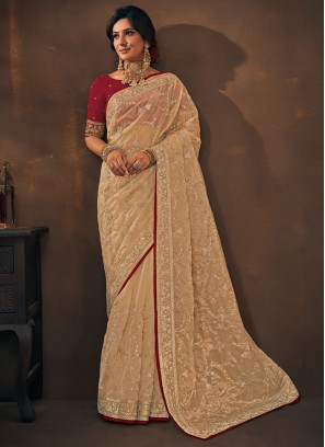 Noble Organza Embroidered Cream Classic Saree