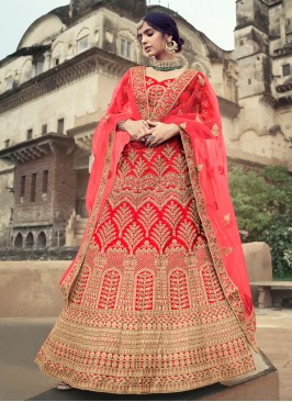 Noble Patch Border Satin Red Lehenga Choli