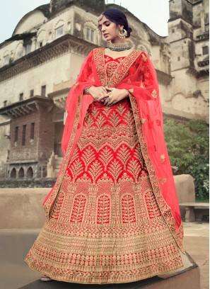 Noble Patch Border Satin Red Lehenga Choli