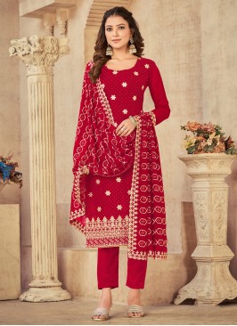 Noble Red Embroidered Faux Georgette Pant Style Suit