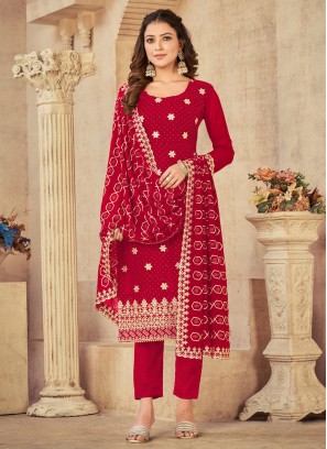 Noble Red Embroidered Faux Georgette Pant Style Suit