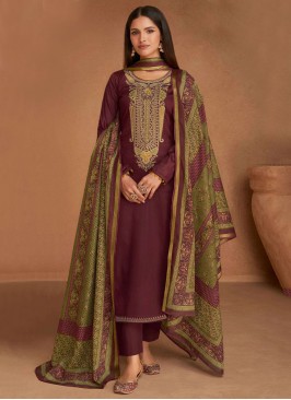 Noble Satin Wine Embroidered Trendy Salwar Kameez