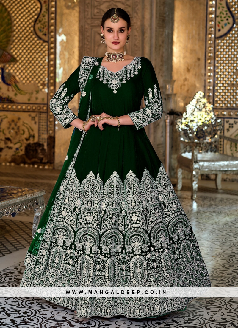 Noble Velvet Embroidered Green Long Length Anarkali Salwar Suit