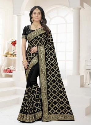 Noble Vichitra Silk Black Embroidered Classic Designer Saree