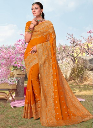 Observable Georgette Embroidered Mustard Classic Saree