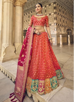 Observable Resham Red Banarasi Silk Trendy Lehenga Choli