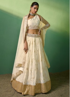 Observable Sequins Georgette Cream Designer Lehenga Choli