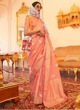 Observable Weaving Linen Peach Saree