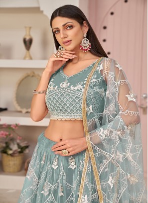 Ocean Blue Colour Butterfly Net Embroidered Work Lehenga