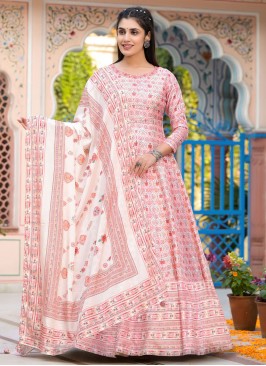 Off White and Pink Digital Print Silk Designer Gown