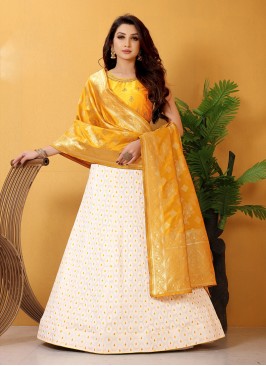 Off White and Yellow Banarasi Silk Embroidered Lehenga Choli