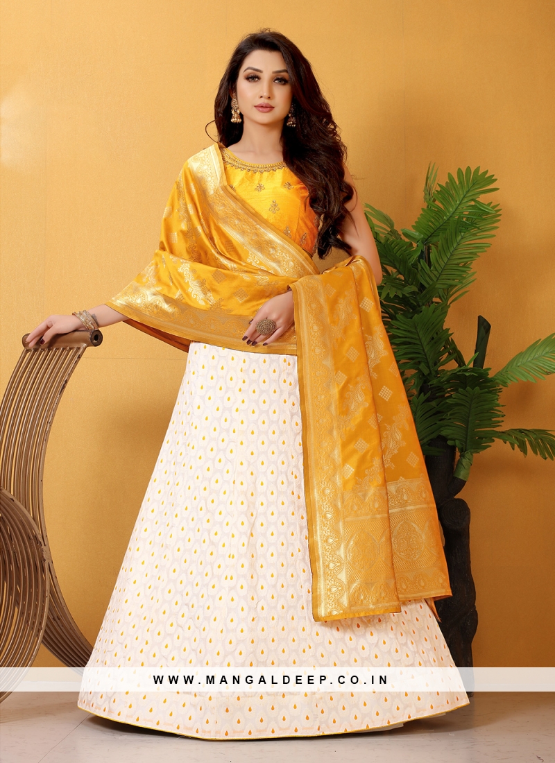 Off White and Yellow Banarasi Silk Embroidered Lehenga Choli