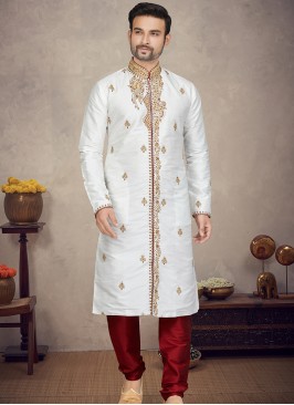 Off-White Art silk Kurta with Marron Churidar Bott