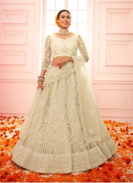 Off White Color Embroidered Net Lehenga