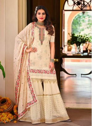 Off White Color Georgette Embroidered Sharara Suit