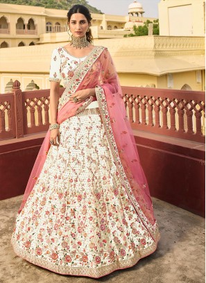 Off White Color Organza Thread Work Lehenga