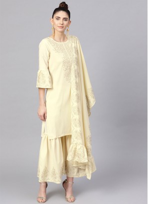 Off White Crepe Silk Print Readymade Salwar Kameez