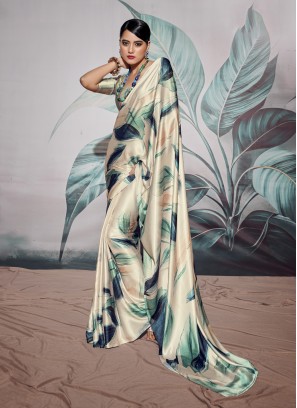 Off White Digital Print Contemporary Saree