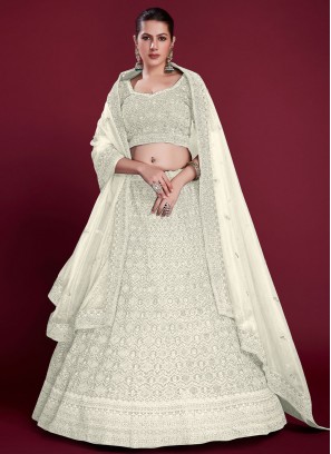 Off White Georgette Thread Long Choli Lehenga