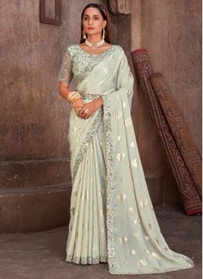 Off White Handwork Sangeet Contemporary Style Saree