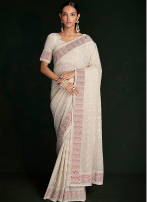 Off White Lucknowi work Georgette Classic Saree