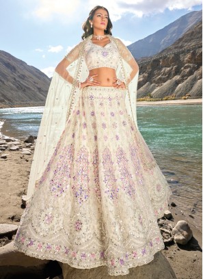 Off White Net Embroidered Designer Lehenga Choli