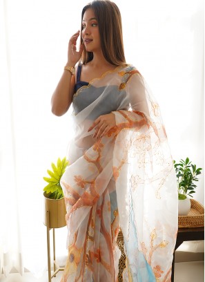 Off White Organza Silk Digital Print Saree With Blouse