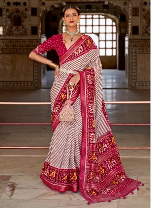 Off White Patola Silk  Ceremonial Designer Traditional Saree