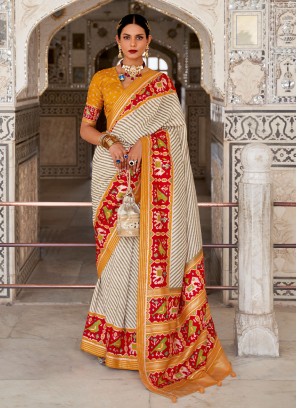 Off White Patola Silk  Ceremonial Traditional Designer Saree