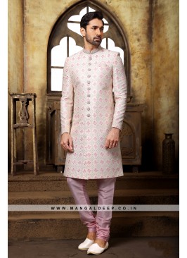 Off White & Pink Navabi Indo Western Embroidered Art Banarasi Silk Sherwani with Art Silk Chudidar Bottom.