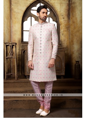 Off White & Pink Navabi Indo Western Embroidered Art Banarasi Silk Sherwani with Art Silk Chudidar Bottom.