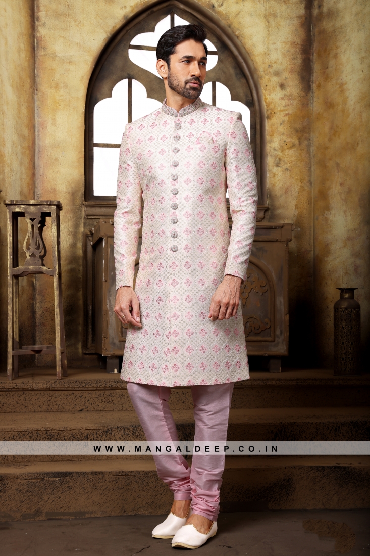 Off White & Pink Navabi Indo Western Embroidered Art Banarasi Silk ...