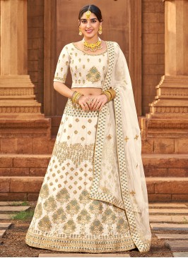 Off White Satin Designer A Line Lehenga Choli