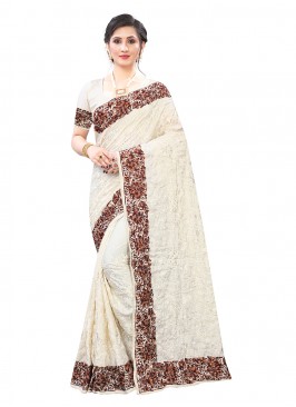 Off White Satin Patch Border Classic Saree