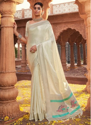 Off White Satin Silk Sangeet Contemporary Saree