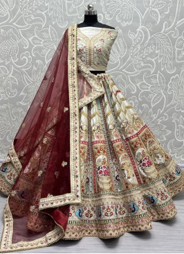 Off White Velvet Thread Work Trendy Lehenga Choli