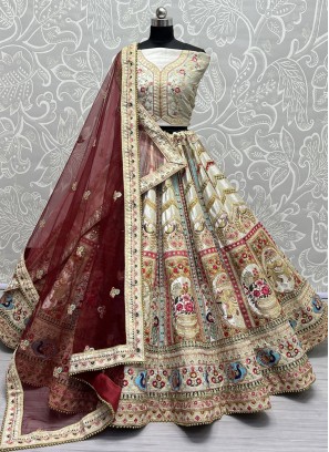 Off White Velvet Thread Work Trendy Lehenga Choli