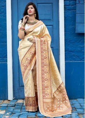 Off White Weaving Banarasi Silk Designer Traditional Saree