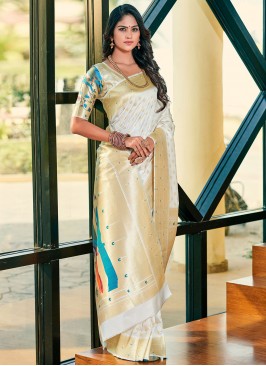 Off White Weaving Mehndi Saree