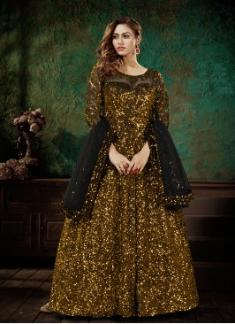 Olive Color Sequins Work Net Gown