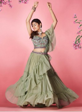 Olive Green Color Chiffon Thread Work Lehenga