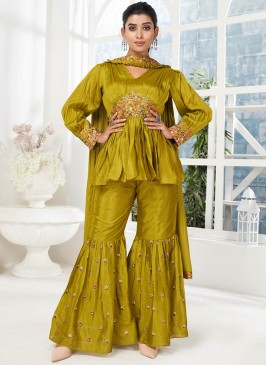 Olive Green Color Chinnon Sharara Dress