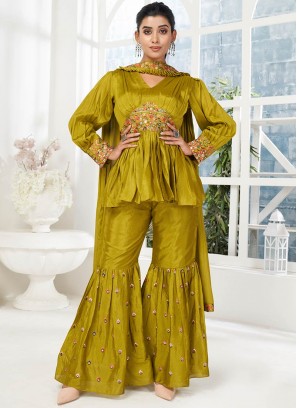 Olive Green Color Chinnon Sharara Dress