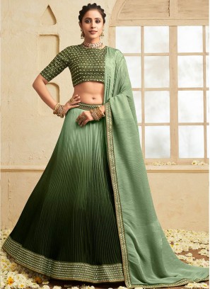 Olive Green Color Chinnon Zari Work Lehenga Choli