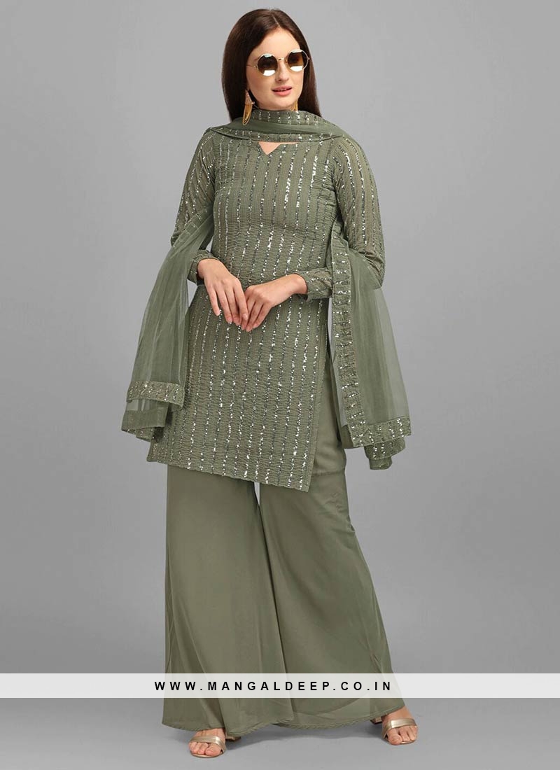 Olive Green Color Georgette Sequins Work Suit